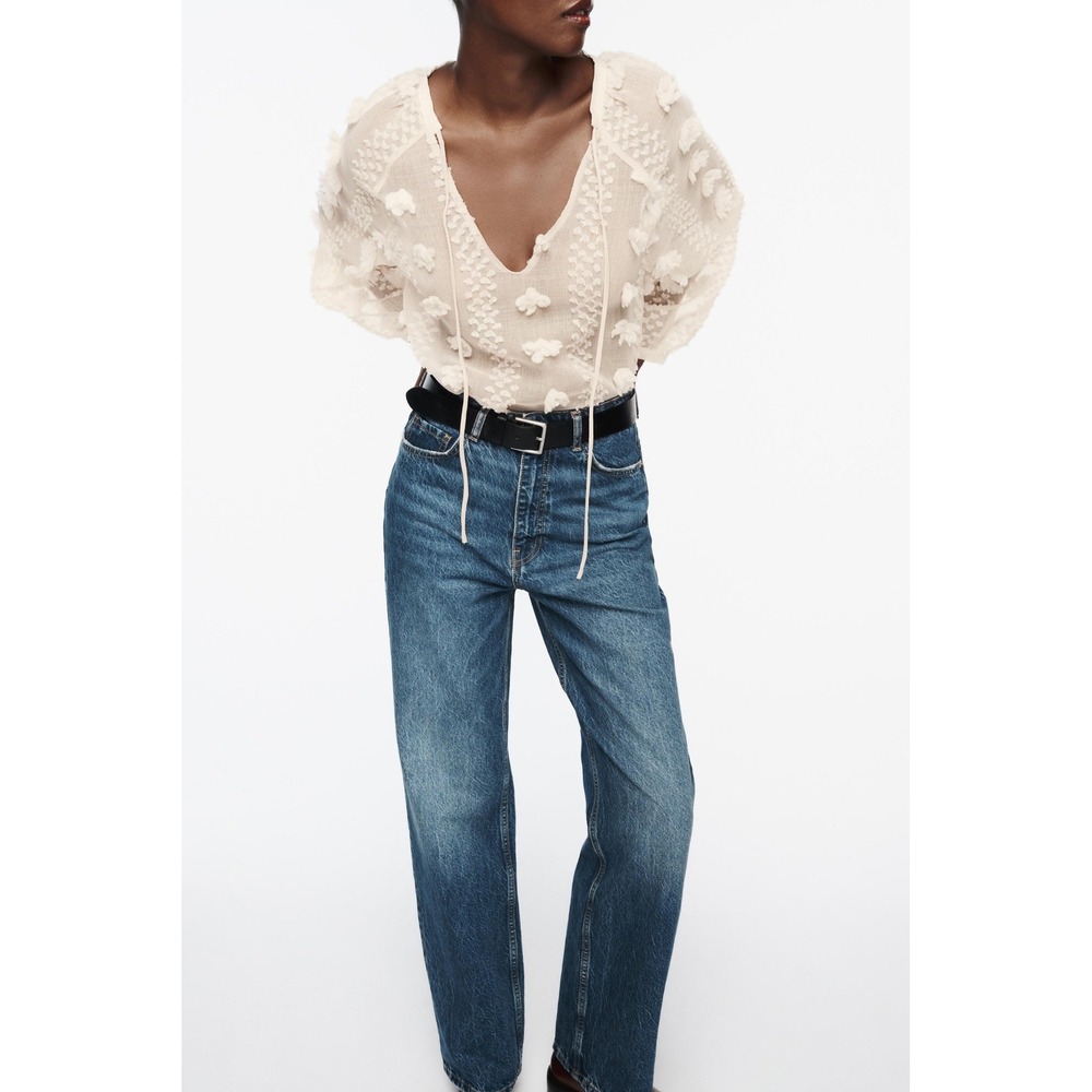Zara 3D Floral Applique Textured Mesh Shirt Beige Sheer Boho Tie Neck Top L